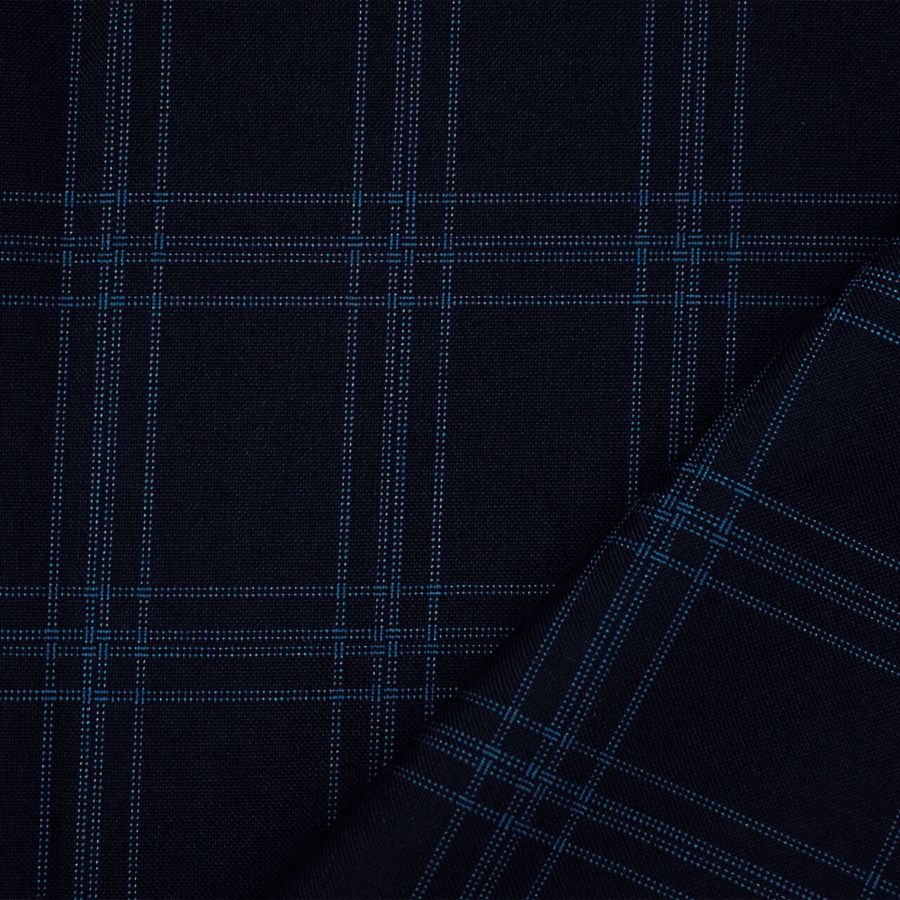Deep Navy-Blue Poly-Wool Plaid Woven Shirting Fabric By the Yard